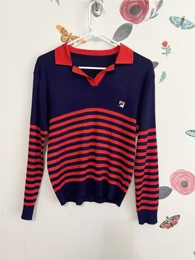 Vintage Fila Navy and Orange Striped Polo Top S/M